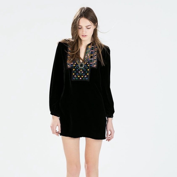 Zara Black Velveteen Mulberry Long Sleeve V-neck Boho Embroidered Mini Dress - Picture 8 of 8